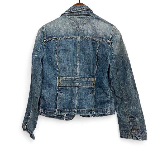 Tommy Hilfiger Jean Jacket Women M Blue Cropped Medium Wash Button Up Denim - Picture 2 of 11
